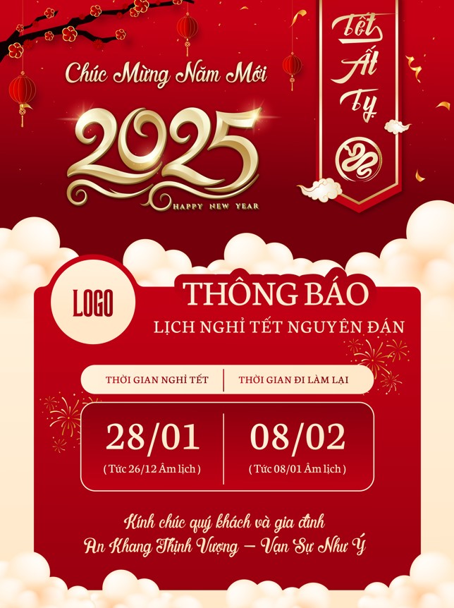 Banner poster chúc mừng năm mới tết ất tỵ 2025 thông báo lịch nghỉ tết happy new year tet holiday, poster tết - piklabvip3829